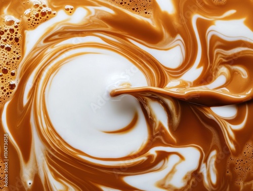 A mesmerizing close-up of milk swirling into coffee, creating a dynamic pattern of creamy and brown tones. photo