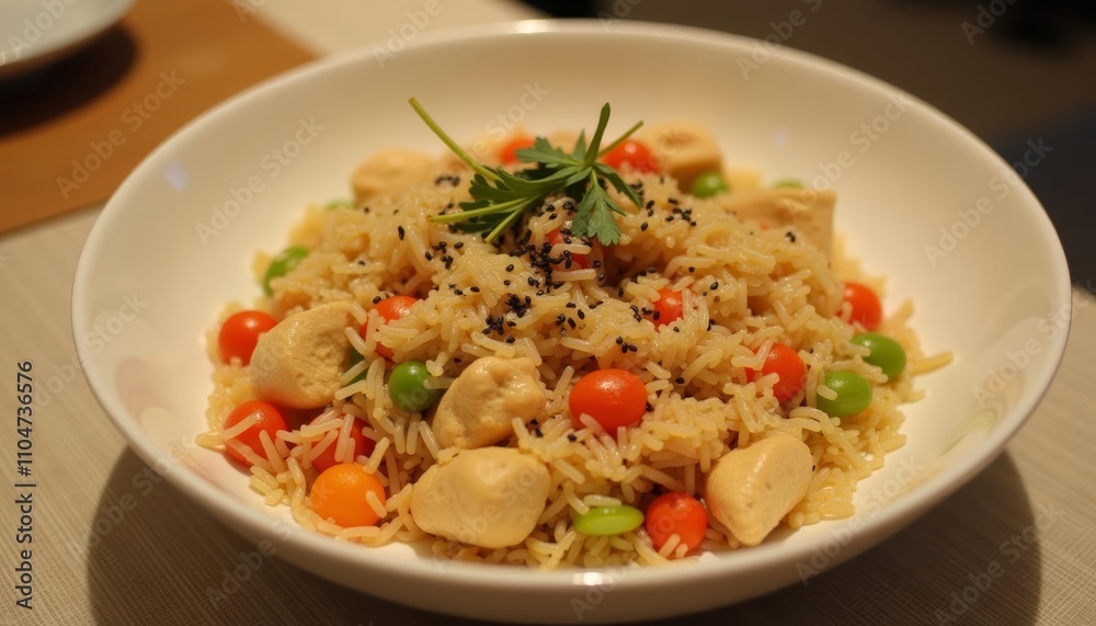 A colorful and appetizing rice dish with vegetables and herbs A colorful and appetizing rice dish with vegetables and herbs