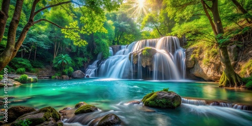 Serene Long Exposure Waterfall with Lush Greenery and Majestic Rocks, Capturing Nature's Tranquility and Flowing Motion in a Dreamy Landscape
