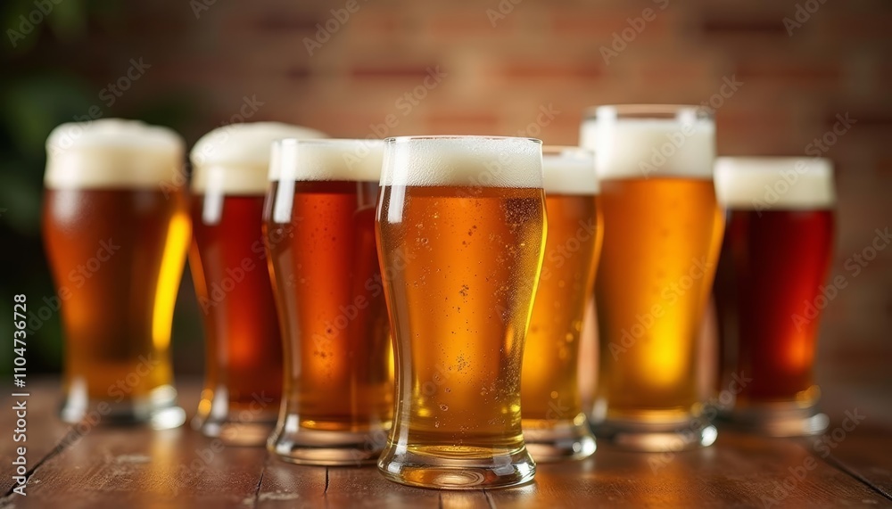 A selection of golden beers with frothy heads ready to be enjoyed A selection of golden beers with frothy heads ready to be enjoyed