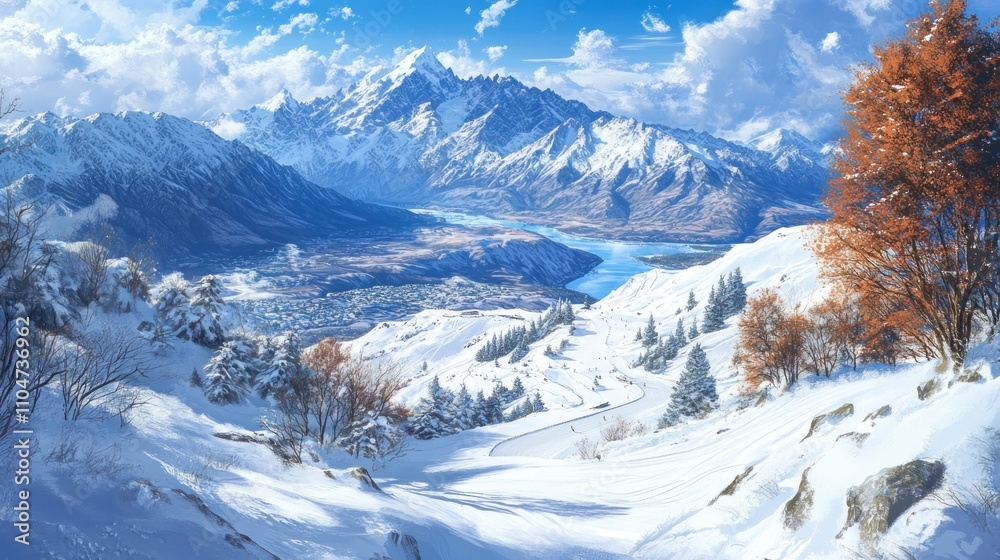 Obraz premium A serene winter landscape featuring snow-covered mountains, a river, and autumn trees.