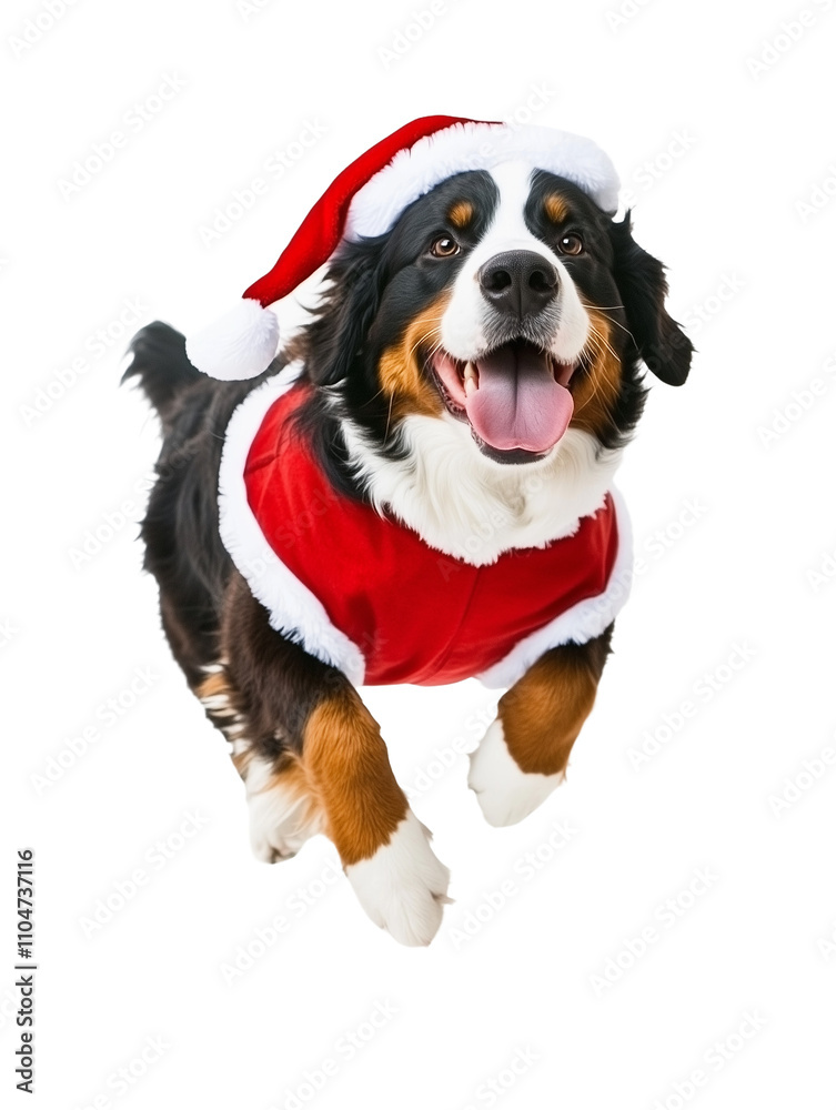 Full body shot of Bernese Mountain Dog, running happily, smiling. Wearing Christmas costume. Full body shot of Bernese Mountain Dog, running happily, smiling. Wearing Christmas costume.
