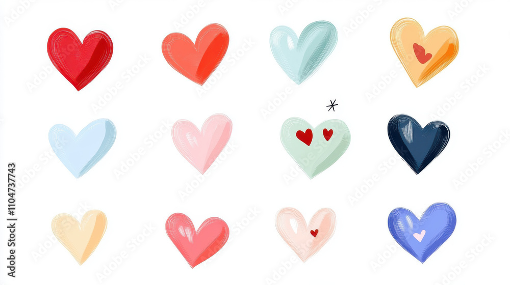Colorful heart illustrations in various styles and shades evoke feelings of love and affection. Perfect for romantic themes or creative projects