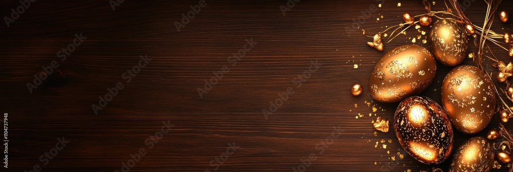 Naklejka premium Festive golden easter eggs on rustic wooden background. Happy Easter Mocha Mousse