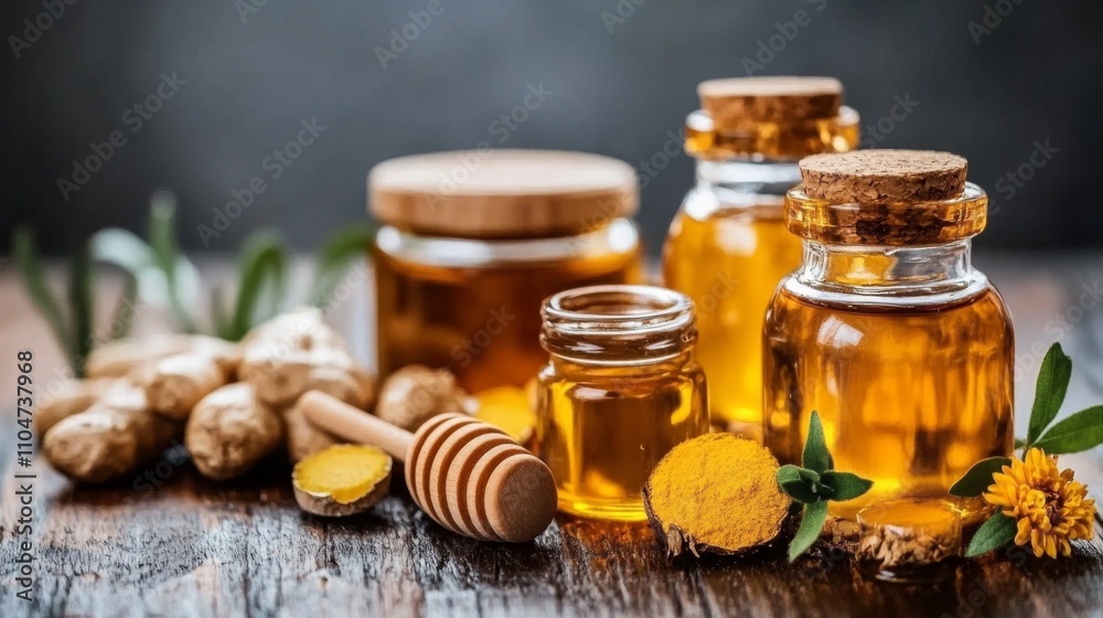 Natural Ingredients in Jars with Ginger and Honey on Wooden Table
