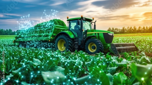 Futuristic green tractor harvesting crops with digital connectivity in field at sunset