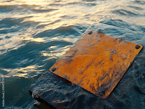 Closeup of a flood warning sign partially submerged in rising water photo