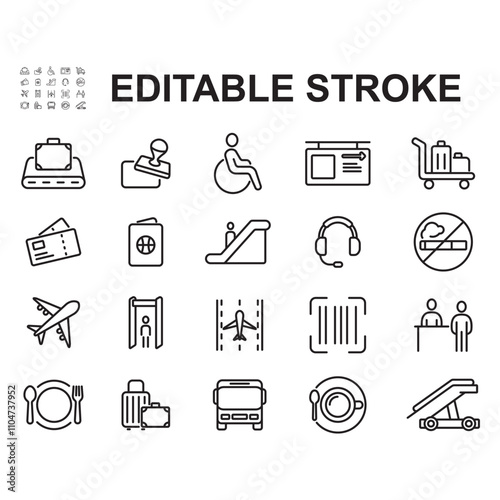 Set of airport related icons. Thin line vector. Contains icons such as Passport, ticket, suitcase.
