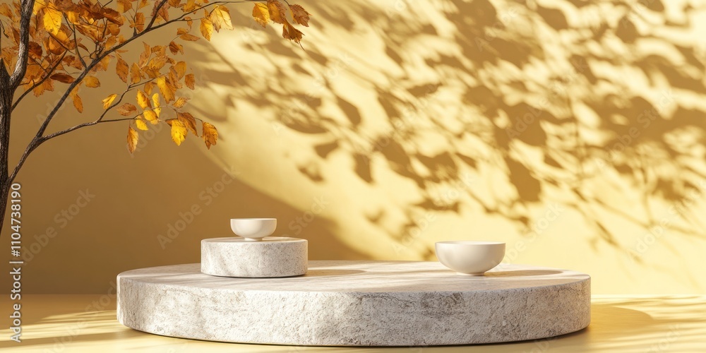 Autumnal minimalist scene with white marble podium and bowls, bathed in sunlight and leaf shadows. Autumnal minimalist scene with white marble podium and bowls, bathed in sunlight and leaf shadows.