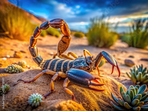 Stunning Drone Photography of Scorpion Pandinus imperator in its Natural Habitat, Macro Close-Up, Desert Landscape, Wildlife Observation, Nature's Beauty, Invertebrate Focus, Exotic Species photo