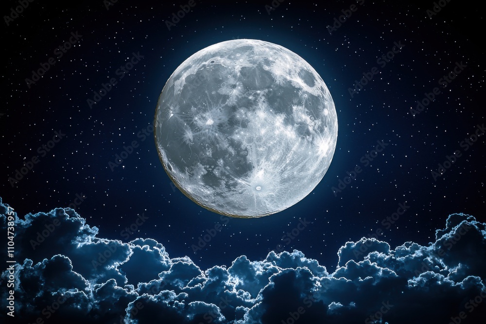 Fototapeta premium Full Moon Night Sky Clouds Stars Celestial Night Space Lunar Astronomy Galaxy Universe Dark