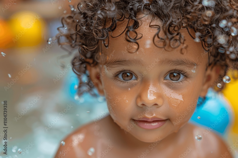 Joyful baby boy with curly hair splashing in the pool at a summer party Joyful baby boy with curly hair splashing in the pool at a summer party