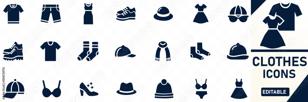 Clothes icons set Containing shirt, pants, shoes, socks, shorts, t-shirt, dress, coat Clothes icons set Containing shirt, pants, shoes, socks, shorts, t-shirt, dress, coat
