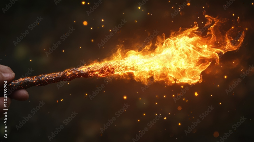 A hand holds a fiery wand, emitting flames and sparks against a blurred background. A hand holds a fiery wand, emitting flames and sparks against a blurred background.