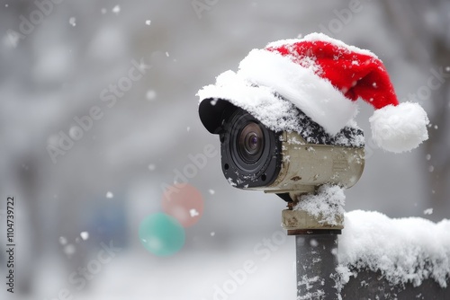 A charming photo of a snow-dusted camera topped with a classic Santa hat, capturing the winter spirit through a fusion of technology and holiday cheer in snowfall. photo