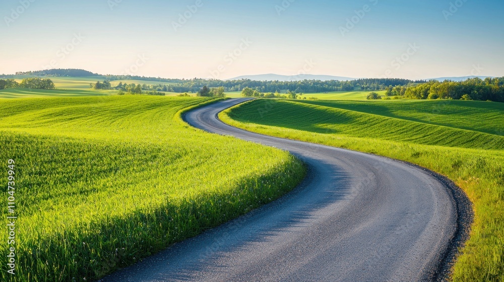 A serene winding road cuts through lush green fields under a clear blue sky, inviting exploration and showcasing the beauty of nature.