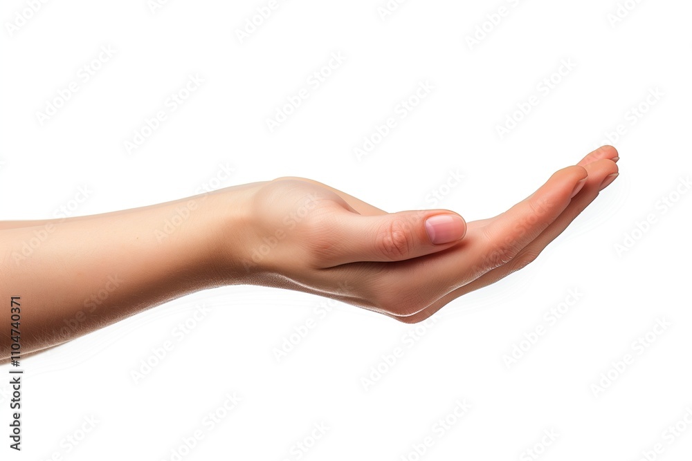 A closeup shot of a woman fair skinned hand, palm up, against a white background A closeup shot of a woman fair skinned hand, palm up, against a white background