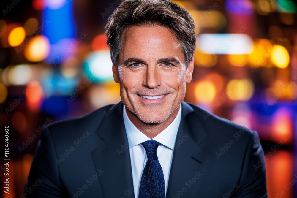 A famous talk show host seated at their iconic desk, smiling warmly while interacting with an audience A famous talk show host seated at their iconic desk, smiling warmly while interacting with an audience