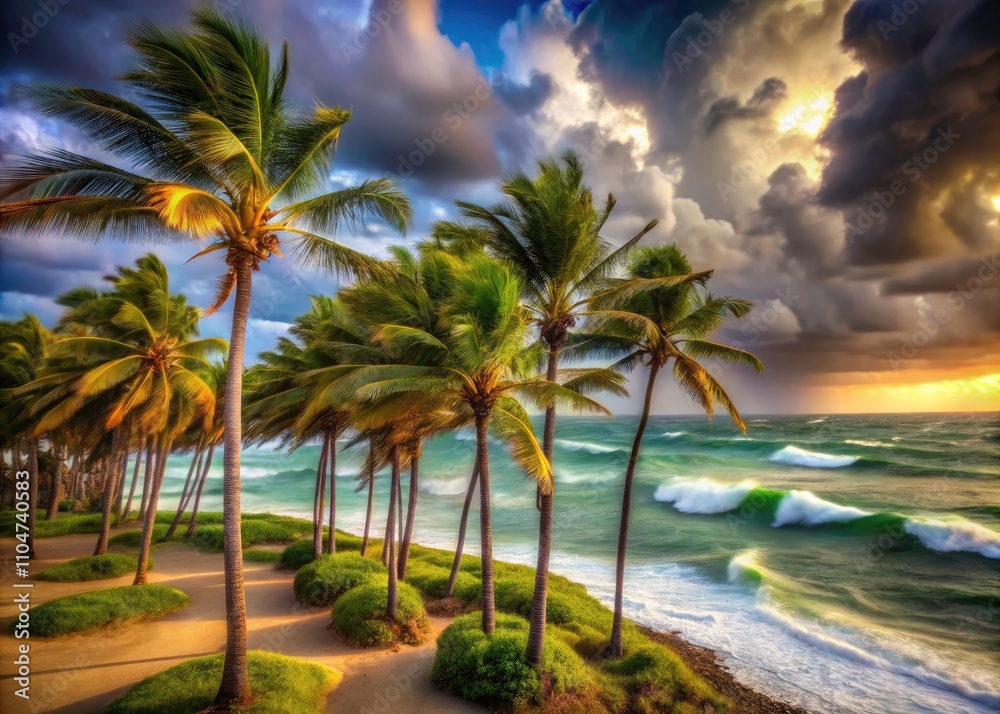 Tilt-Shift Photography of a Powerful Tropical Storm with Intense Winds and Waves Crashing on a Palm-Lined Shoreline, Capturing the Beauty and Fury of Nature's Forces Tilt-Shift Photography of a Powerful Tropical Storm with Intense Winds and Waves Crashing on a Palm-Lined Shoreline, Capturing the Beauty and Fury of Nature's Forces