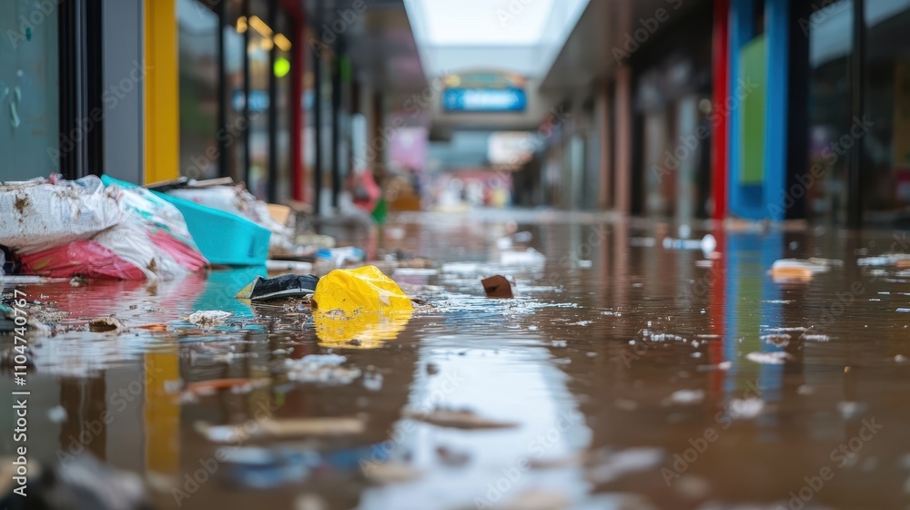 Flooded Shopping District with Closed Stores Flooded Shopping District with Closed Stores