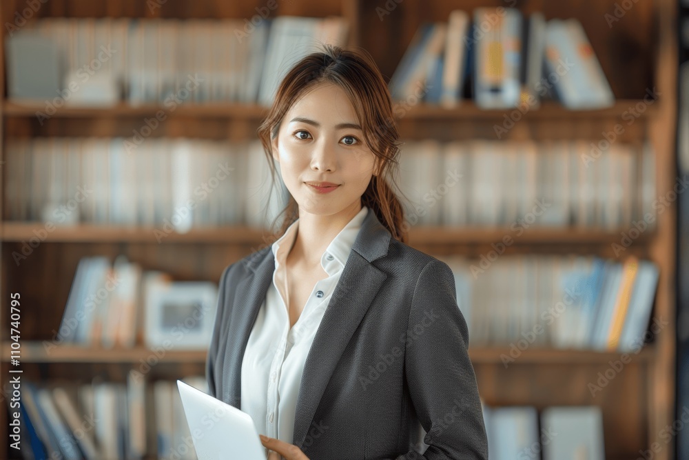 Japanese businesswoman smiling with laptop in office Japanese businesswoman smiling with laptop in office