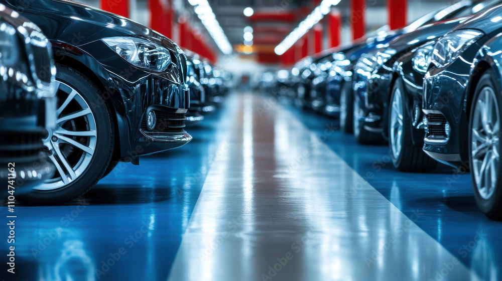 row of parked cars in modern parking garage with bright lighting row of parked cars in modern parking garage with bright lighting