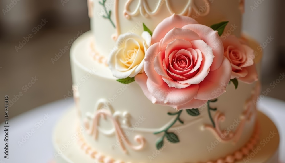 Elegant wedding cake with delicate rose decorations Elegant wedding cake with delicate rose decorations