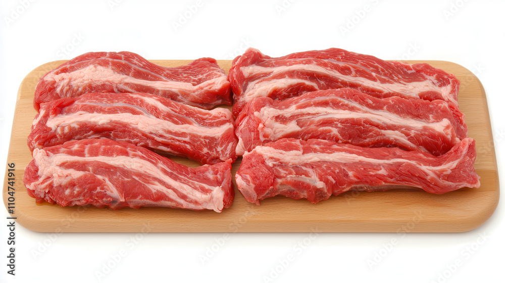Fresh beef cut with marbling displayed on wooden board Fresh beef cut with marbling displayed on wooden board