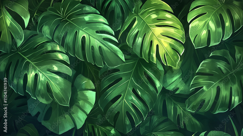 green monstera leaves creating a lush, chaotic backdrop symbolizing nature's untamed beauty and the intricate balance of growth in an organic environment green monstera leaves creating a lush, chaotic backdrop symbolizing nature's untamed beauty and the intricate balance of growth in an organic environment