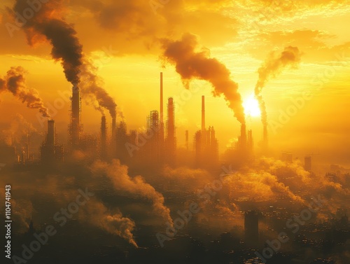 A smogcovered cityscape with factories in the distance emitting smoke