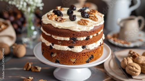 Cake with buttercream, prunes, and walnuts