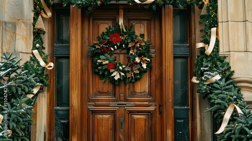 A doorway decorated with a lush green garland and ribbons. A doorway decorated with a lush green garland and ribbons.