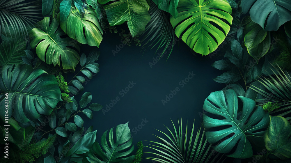 Naklejka premium green monstera leaves creating a lush, chaotic backdrop symbolizing nature's untamed beauty and the intricate balance of growth in an organic environment