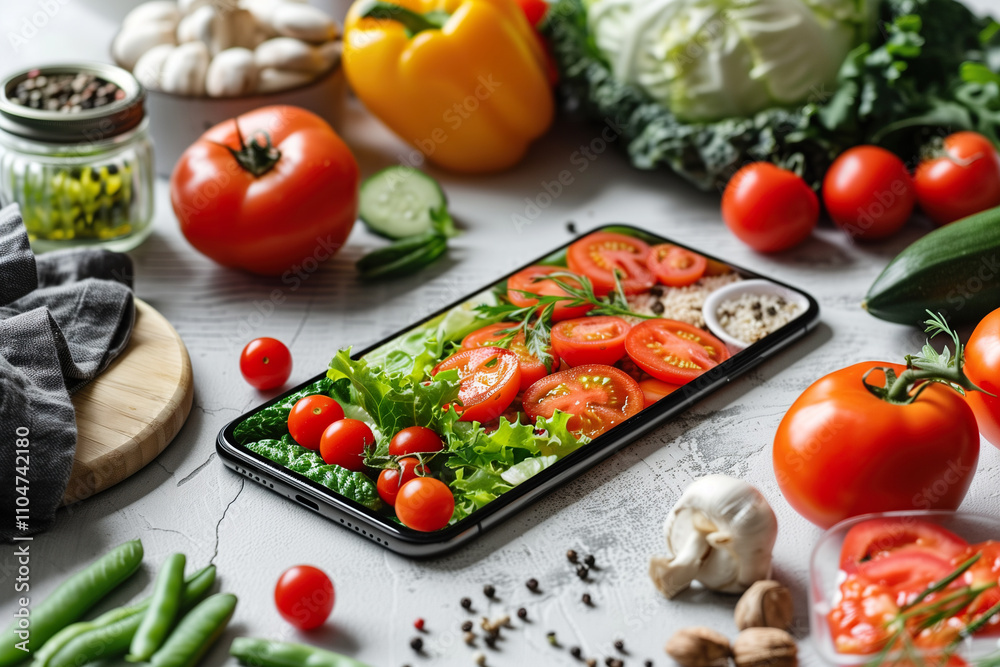Fresh Vegetable Salad Displayed on a Smartphone Fresh Vegetable Salad Displayed on a Smartphone