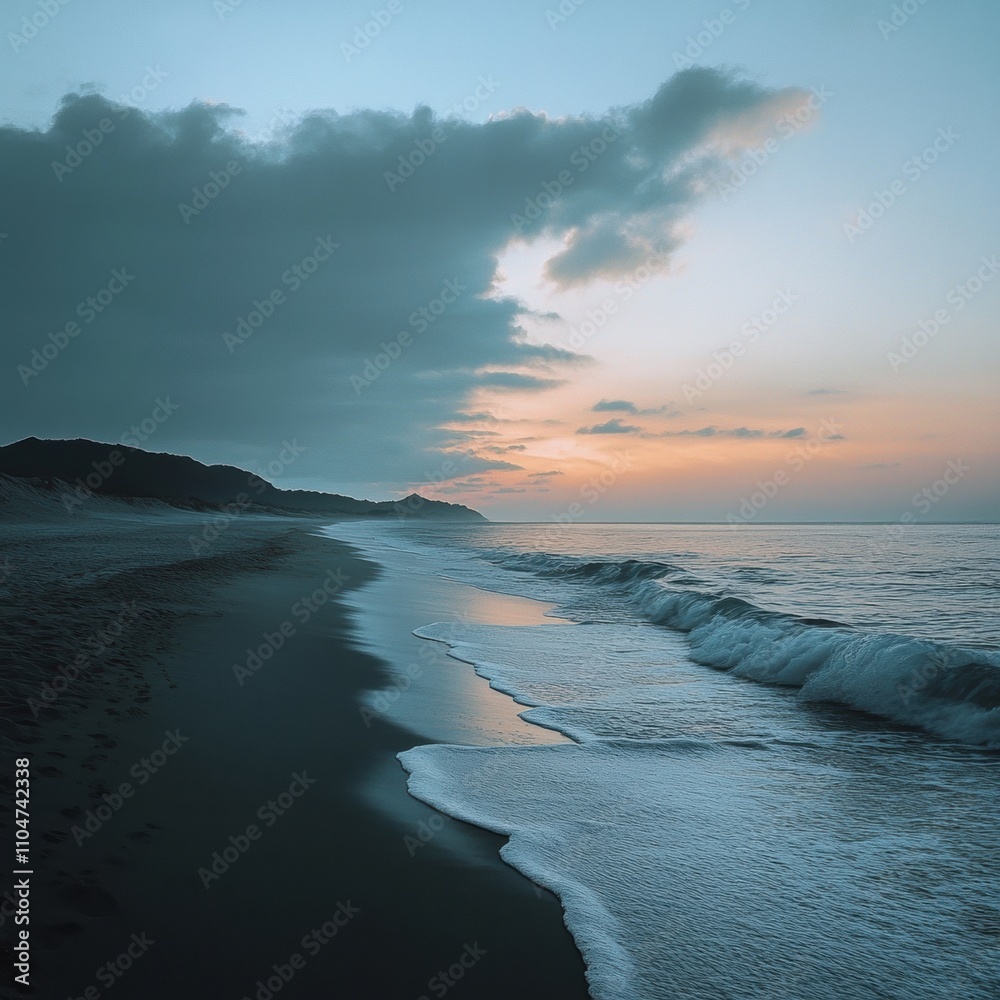 Naklejka premium Eternal Beauty of a Tranquil Beach at Dusk with Gentle Waves