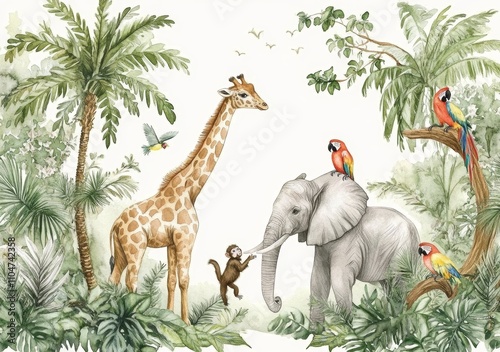 Watercolor Jungle Scene with Elephant Giraffe Monkey Tropical Birds Palm Trees and Exotic Plants