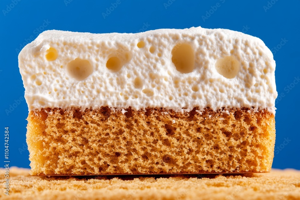 A hyper-realistic close-up of a cake slice with layers of mousse, sponge, and frosting, showing perfect texture details A hyper-realistic close-up of a cake slice with layers of mousse, sponge, and frosting, showing perfect texture details