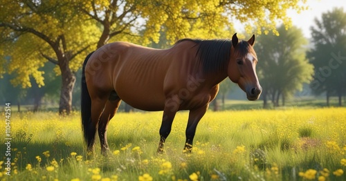 Tranquil image of a horse peacefully grazing in a pasture filled with bright yellow blooms, grazing horse, relaxed