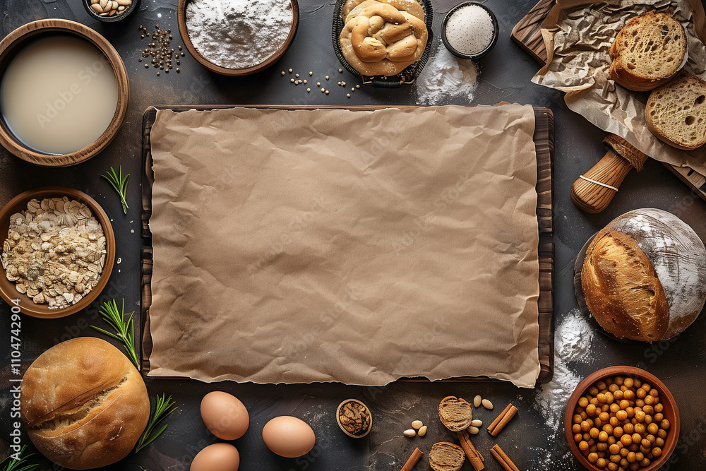 Overhead shot of baking ingredients arranged around a blank parchment paper Overhead shot of baking ingredients arranged around a blank parchment paper