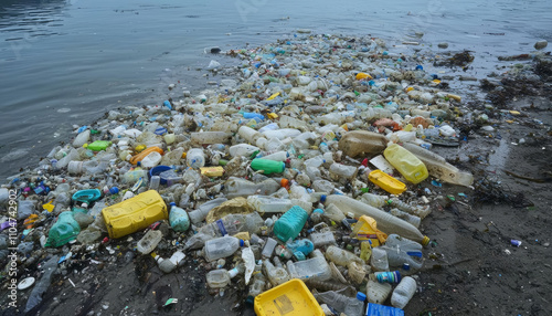 Polluted water with plastic waste, highlighting environmental issues and urban neglect. scene depicts large accumulation of plastic debris along shoreline, emphasizing urgent need for cleanup and photo