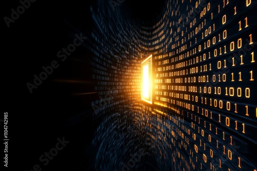 A minimalist depiction of a glowing byte icon transitioning from one square to another in a linear, geometric pattern