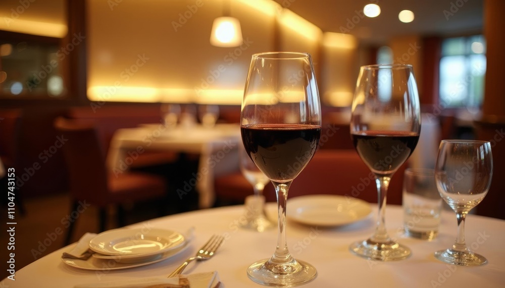 Elegant dining setup with wine glasses and plates Elegant dining setup with wine glasses and plates