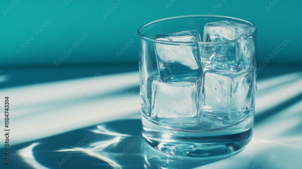 Clear ice cubes in a glass with artistic reflections on the surface Clear ice cubes in a glass with artistic reflections on the surface