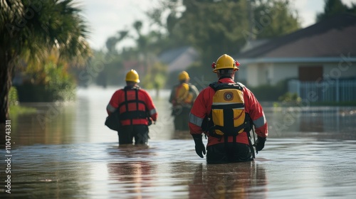 Rescue Workers in Flooded Area Wading Through Waters photo