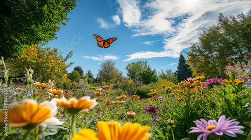 Monarch butterfly flying over colorful flower garden on sunny day