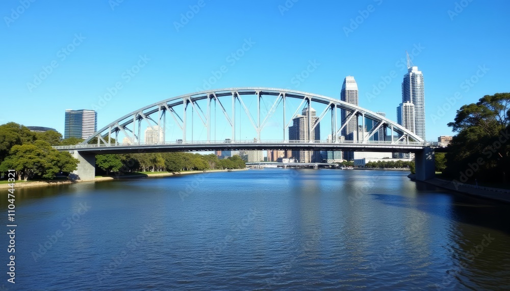 Naklejka premium Elegant bridge over serene river city skyline in the distance