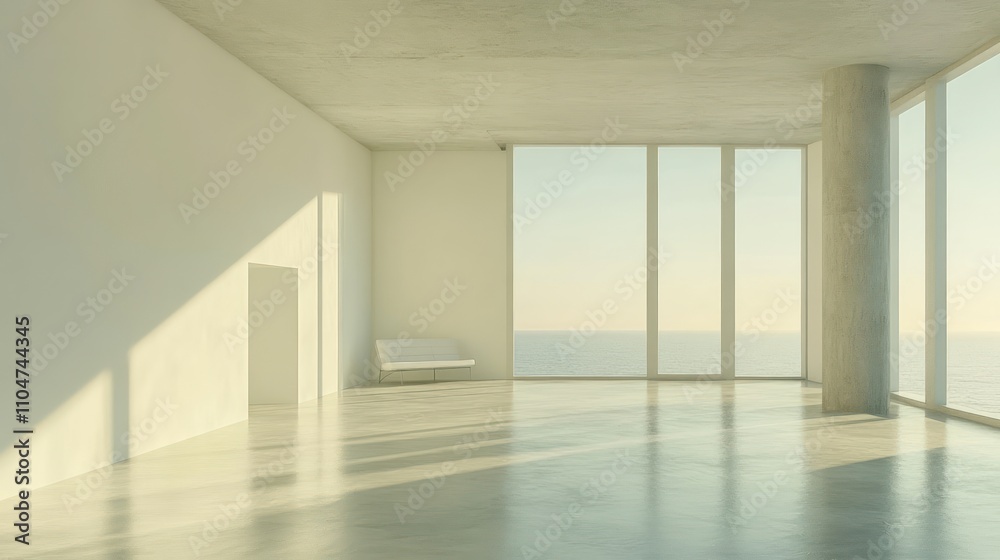 Fototapeta premium Minimalist modern apartment with ocean view, sunlight streaming through large windows, white walls, polished concrete floor.