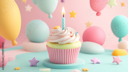 A pink cupcake with a lit candle on top of it is surrounded by colorful balloons