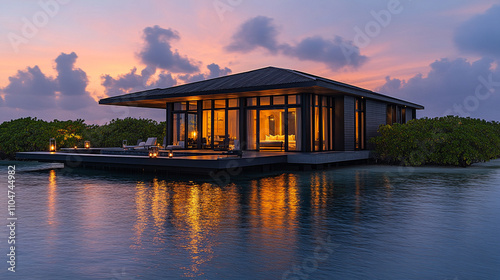 luxurious overwater villa with a sleek, modern design, offering breathtaking views of the turquoise ocean and a perfect blend of comfort and elegance for an unforgettable tropical getaway