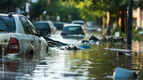 Flooded City Streets with Submerged Cars and Debris photo